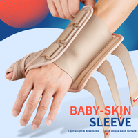 Close-up of FEATOL beige wrist brace baby-skin sleeve being put on, highlighting soft mesh lining.