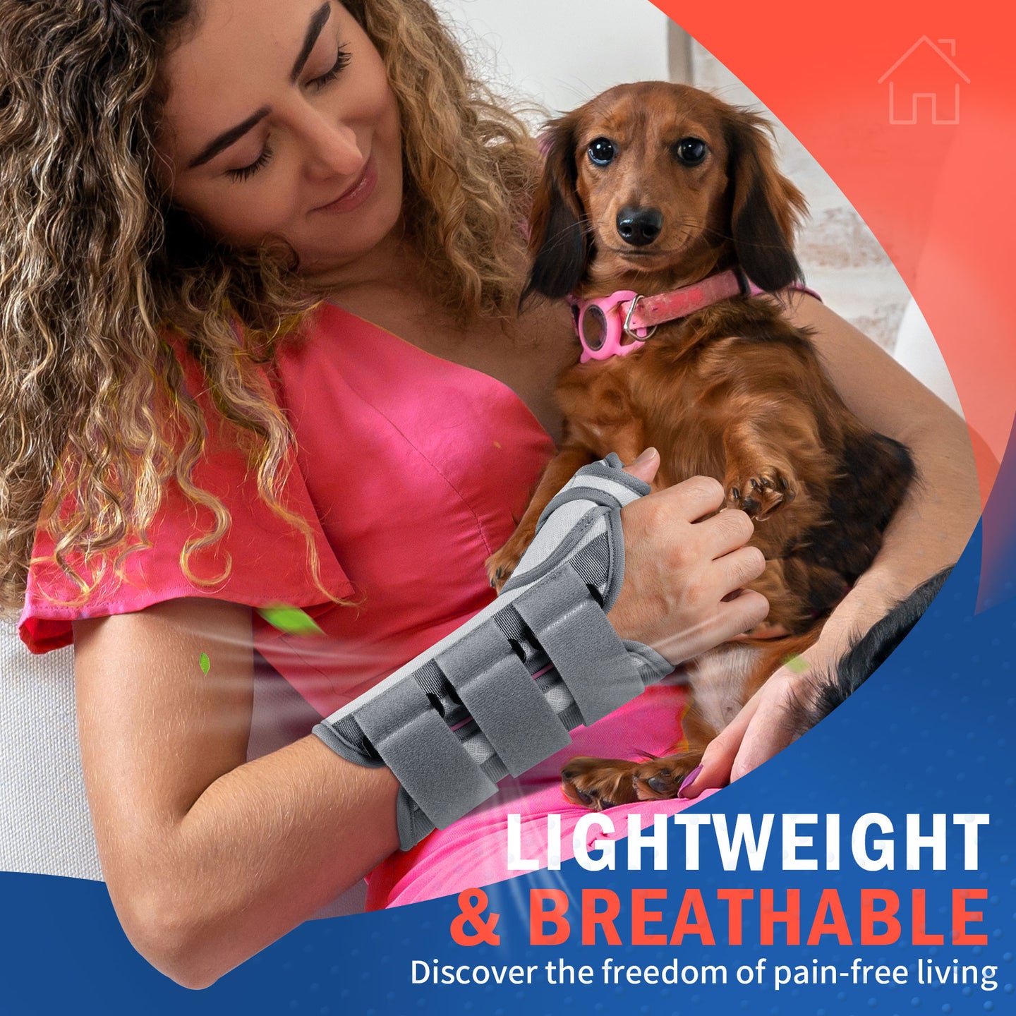 Woman holding a dog while wearing FEATOL pink wrist brace, showcasing lightweight breathable design.