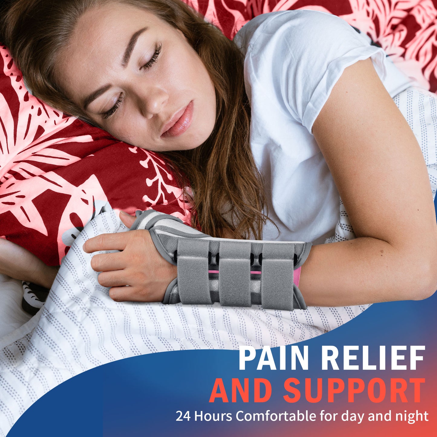 Woman sleeping comfortably wearing FEATOL pink wrist brace for 24-hour night pain relief and support.