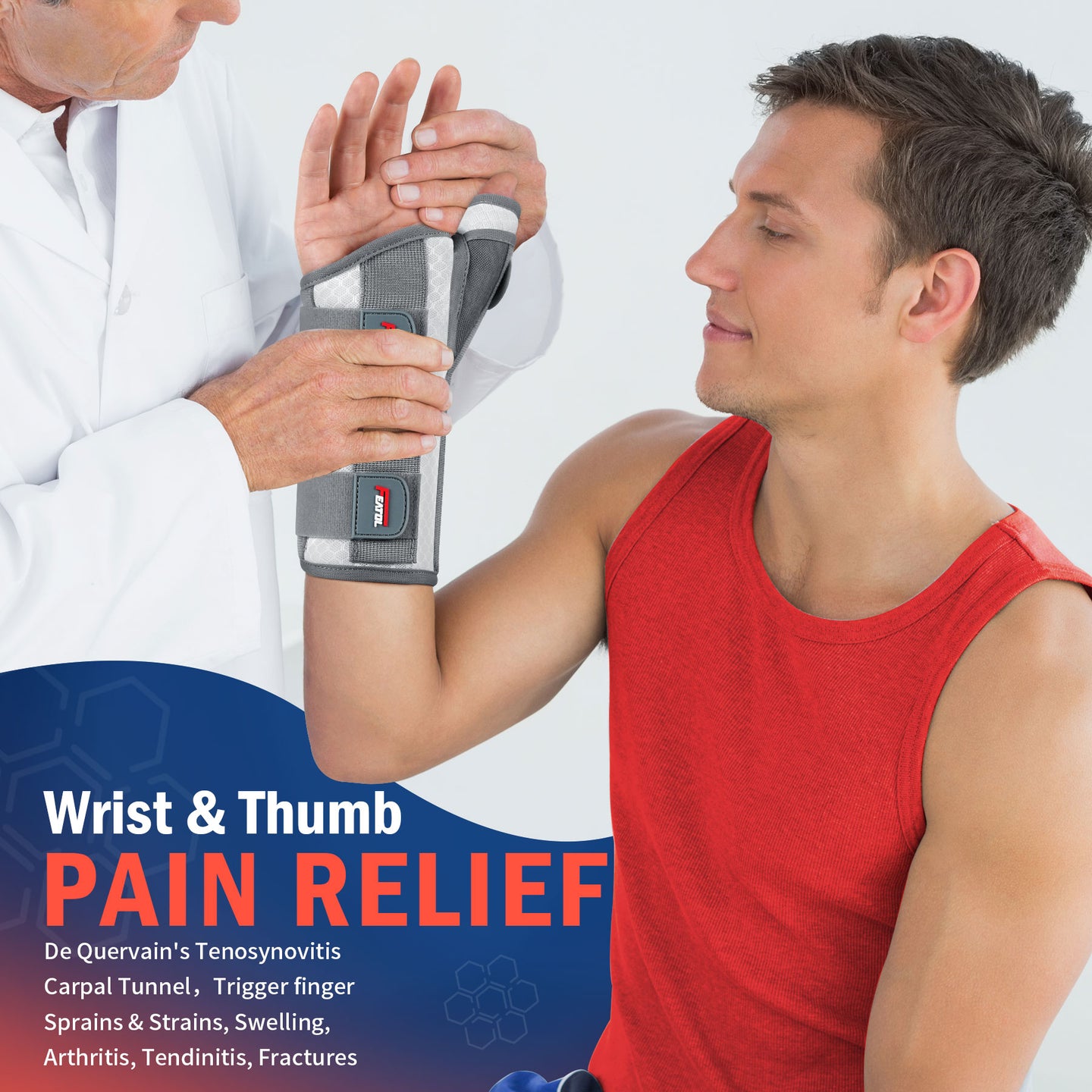 Doctor fitting FEATOL pink wrist and thumb brace on male patient for carpal tunnel and tendinitis relief.