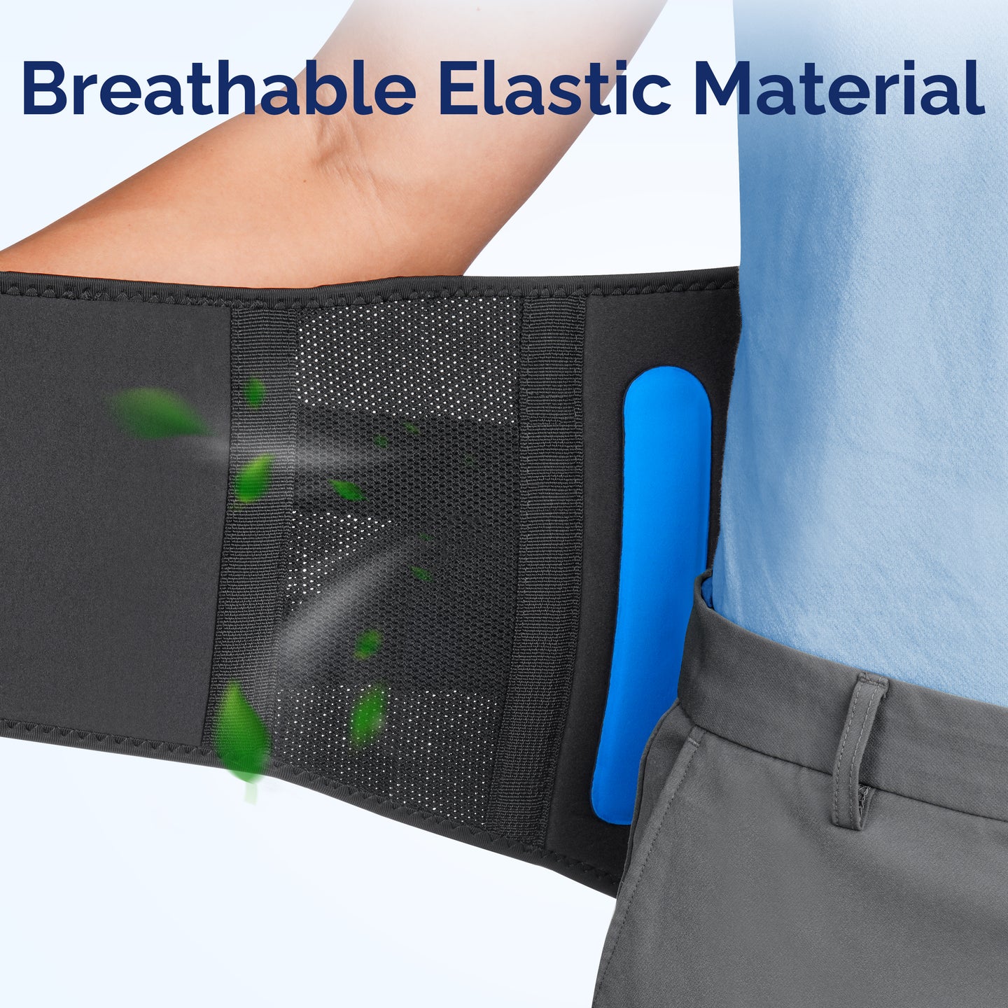Close-up of FEATOL back brace interior showing breathable elastic mesh panel with green airflow animation, blue lumbar support pad partially visible, designed for all-day comfort and ventilation