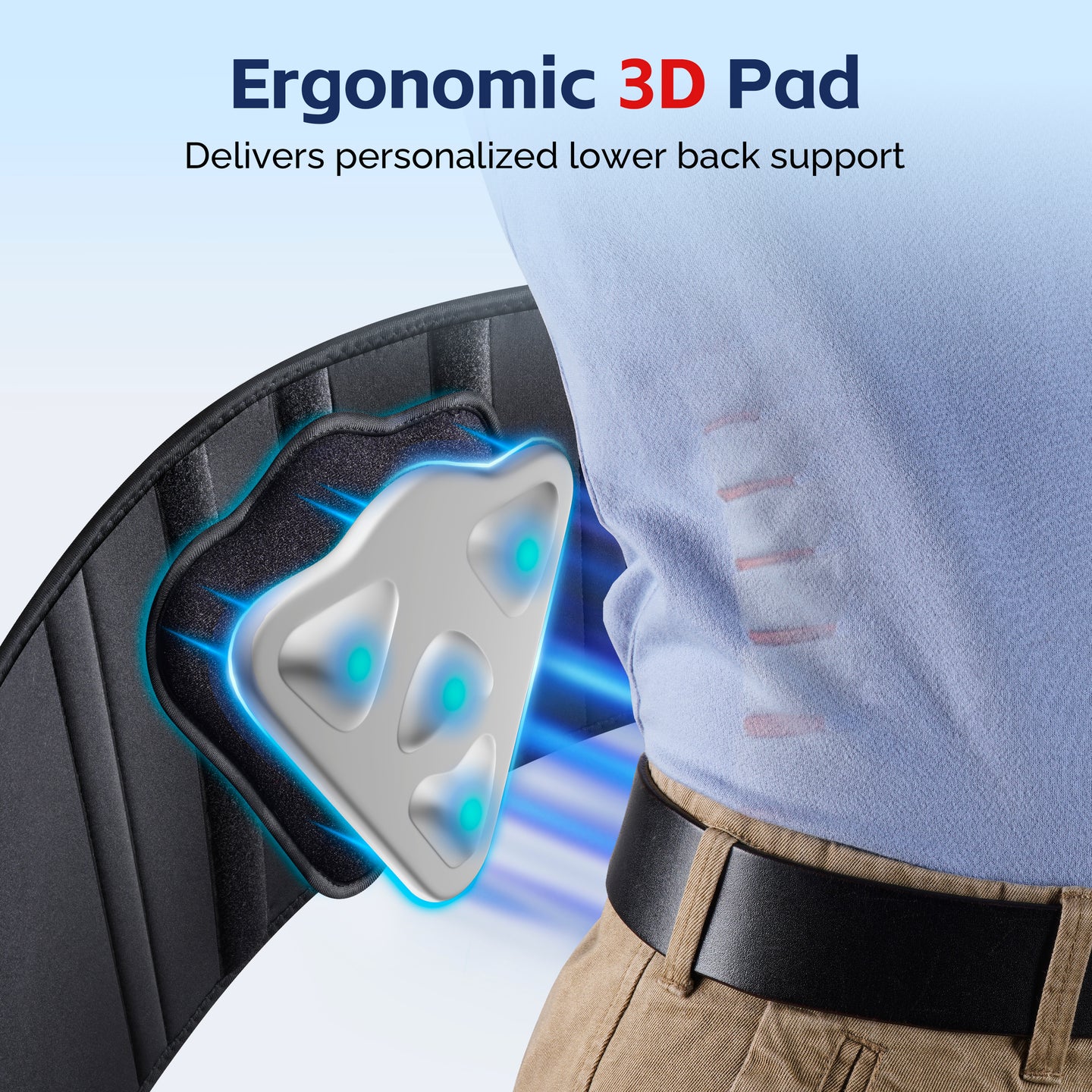 Close-up of FEATOL back brace ergonomic 3D pad with four pressure point nodes glowing blue, shown being inserted into brace pocket to deliver personalized lower back support and pain relief