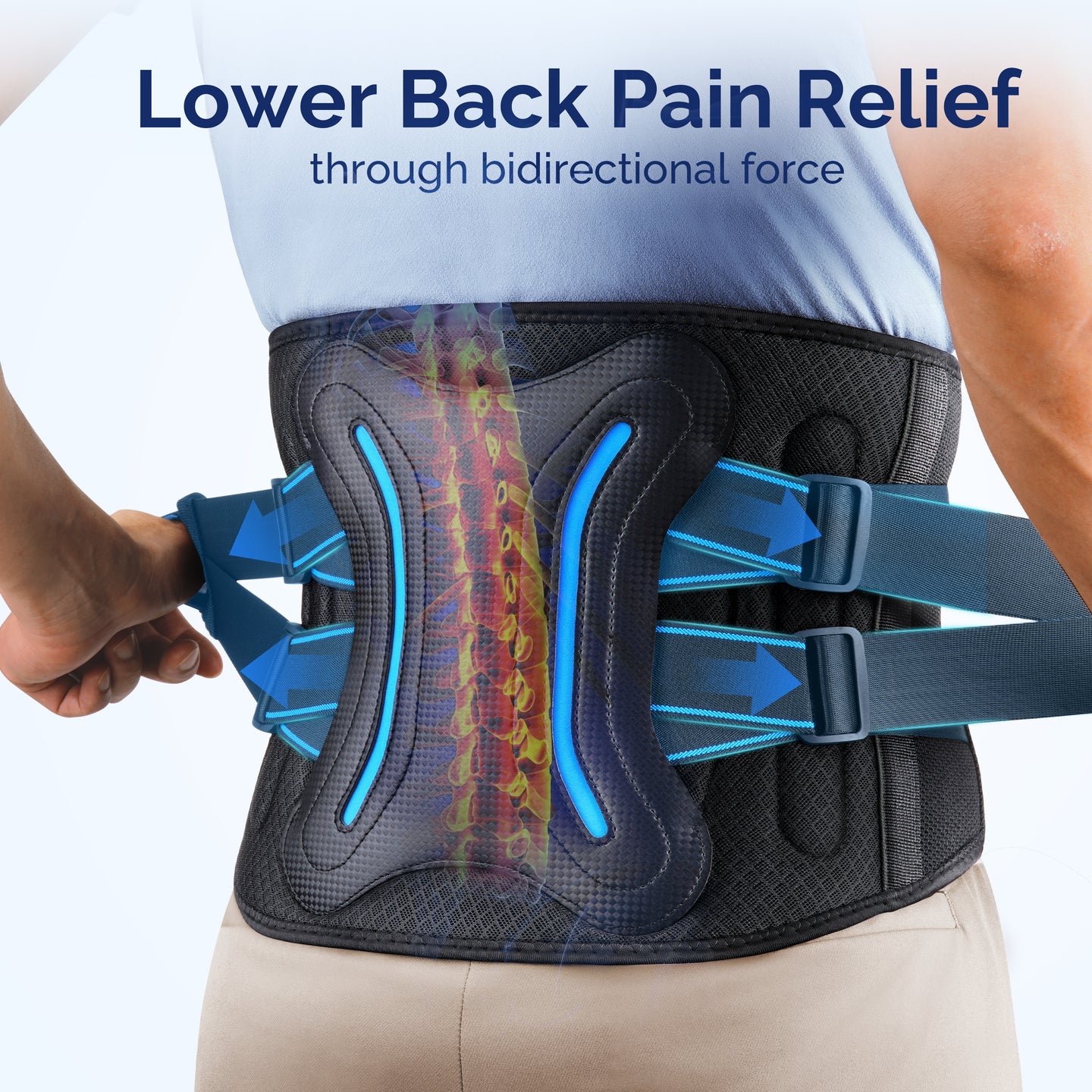 Man pulling FEATOL back brace dual adjustment straps with blue directional arrows showing bidirectional compression force, with spine X-ray overlay highlighting lumbar vertebrae pain relief through targeted support