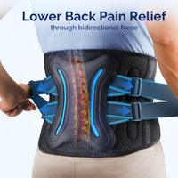 Man pulling FEATOL back brace dual adjustment straps with blue directional arrows showing bidirectional compression force, with spine X-ray overlay highlighting lumbar vertebrae pain relief through targeted support