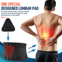 FEATOL back brace infographic showing one specially designed triangular lumbar pad being inserted into brace pocket with blue arrow, man holding lower back with spine X-ray overlay showing inflamed lumbar vertebrae highlighted in red and orange, with blue arrows indicating bidirectional compression for lower back muscle pain relief