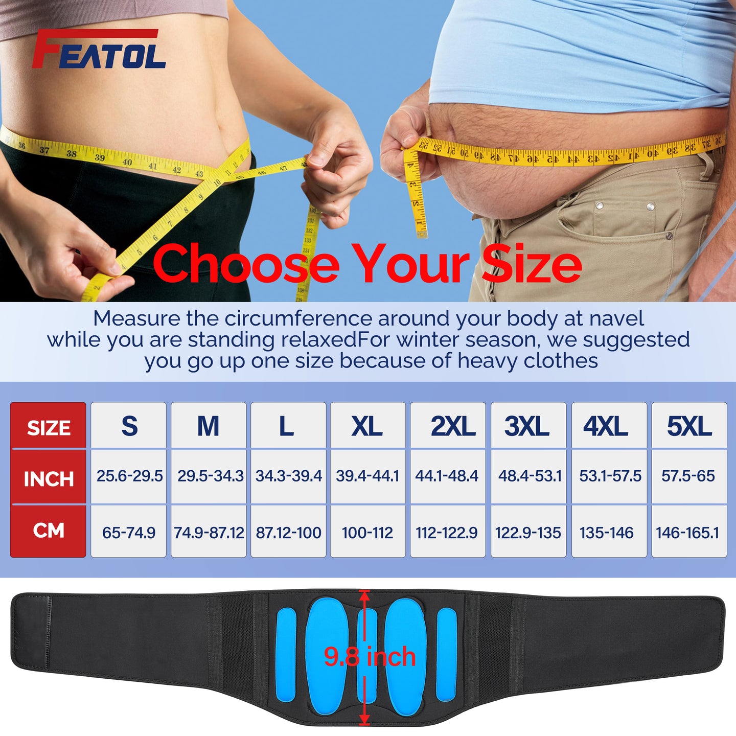 FEATOL back brace size chart showing waist circumference measurements from S to 5XL in both inches and centimeters, with lumbar pad width of 9.8 inches