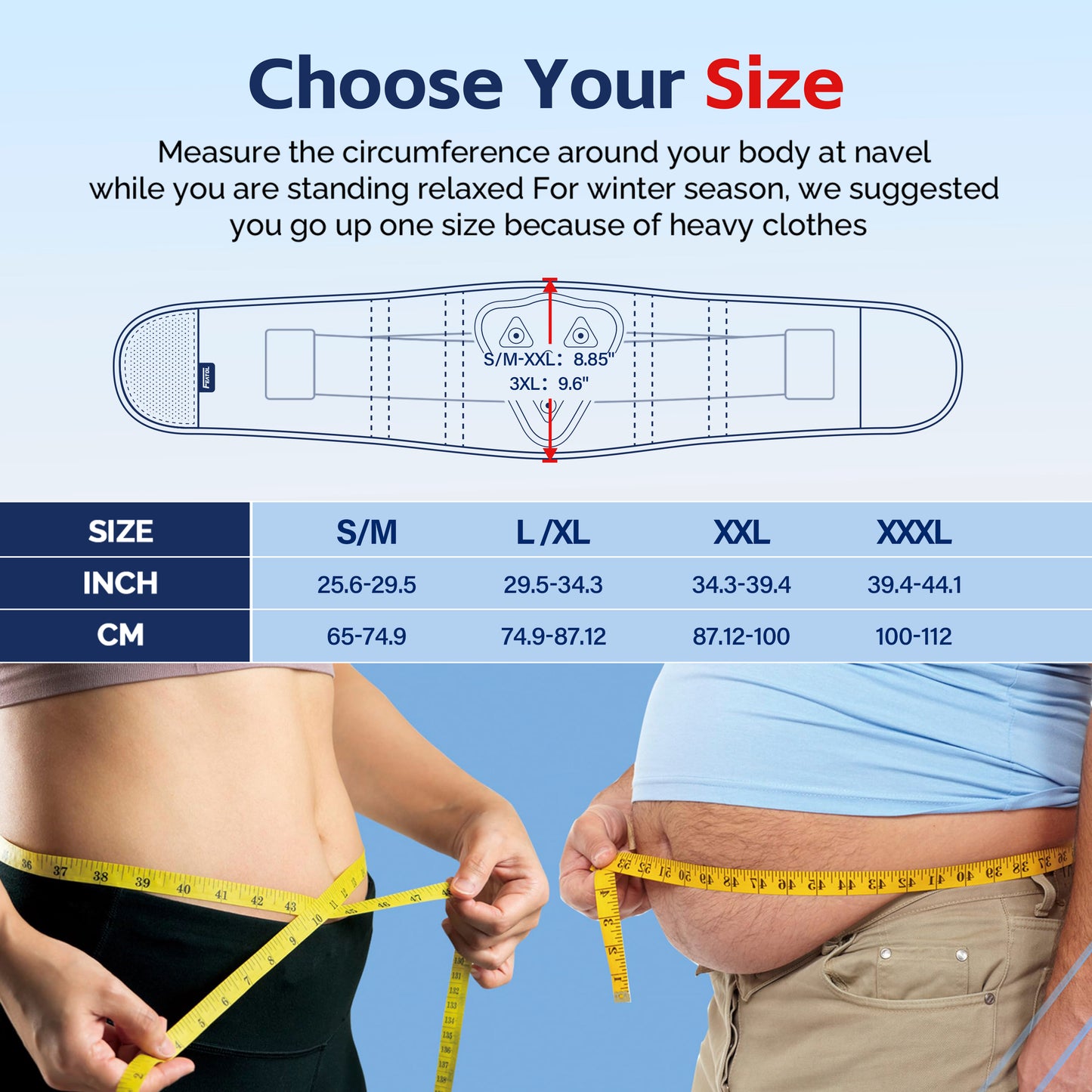 FEATOL back brace size chart showing four sizes: S/M (25.6–29.5 in / 65–74.9 cm), L/XL (29.5–34.3 in / 74.9–87.12 cm), XXL (34.3–39.4 in / 87.12–100 cm), and XXXL (39.4–44.1 in / 100–112 cm), measured at navel circumference while standing relaxed, with man and woman measuring waist