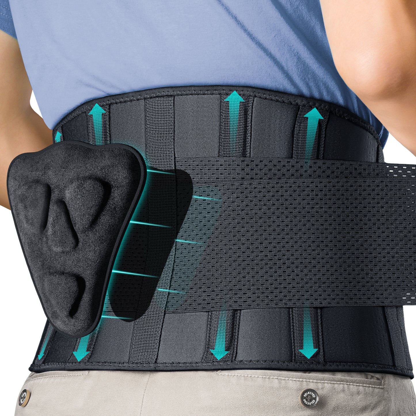 Close-up rear view of FEATOL back brace worn on lower back, showing dual-direction compression arrows, breathable mesh panel, and ergonomic 3D lumbar pad partially pulled out to reveal foam cushion structure