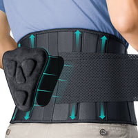 Close-up rear view of FEATOL back brace worn on lower back, showing dual-direction compression arrows, breathable mesh panel, and ergonomic 3D lumbar pad partially pulled out to reveal foam cushion structure