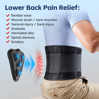 FEATOL back brace worn on lower back showing ergonomic 3D massage pad with pressure point nodes, with checklist of conditions relieved including muscle strain, scoliosis, herniated disc, spinal stenosis, and sciatica