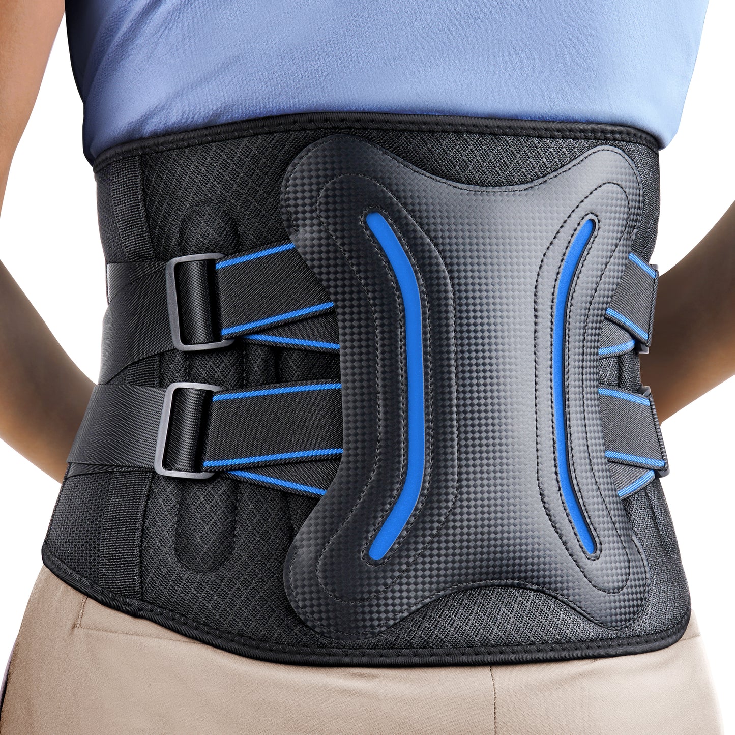 FEATOL back brace showing ergonomic lumbar pad with blue accent aluminum stays, dual adjustable side buckle straps, and breathable mesh panels for lower back pain relief and spinal support