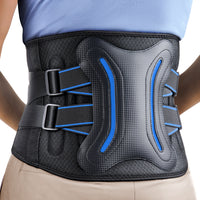 FEATOL back brace showing ergonomic lumbar pad with blue accent aluminum stays, dual adjustable side buckle straps, and breathable mesh panels for lower back pain relief and spinal support