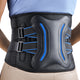 FEATOL back brace showing ergonomic lumbar pad with blue accent aluminum stays, dual adjustable side buckle straps, and breathable mesh panels for lower back pain relief and spinal support