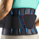 FEATOL back brace showing removable triangular lumbar pad highlighted in red, blue steel support stays along upper and lower panels, and breathable mesh side panels for lower back pain relief and lumbar support