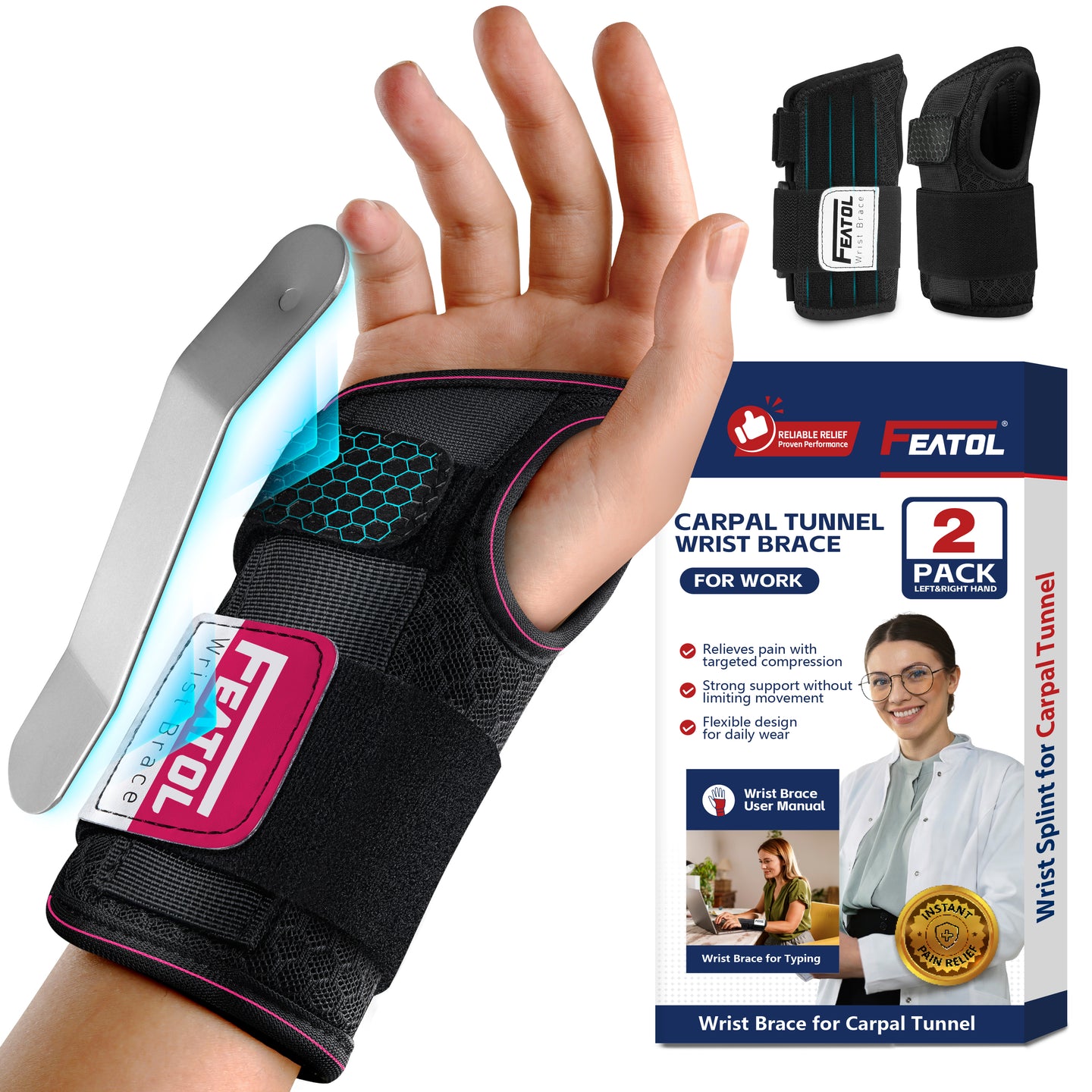 FEATOL carpal tunnel wrist brace 2-pack for left and right hand, shown with product packaging highlighting aluminum splint, targeted compression, and flexible design for daily work use