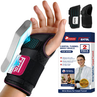 FEATOL carpal tunnel wrist brace 2-pack for left and right hand, shown with product packaging highlighting aluminum splint, targeted compression, and flexible design for daily work use