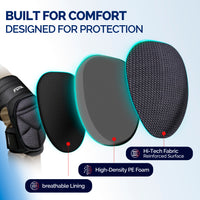 FEATOL knee pad exploded view showing three-layer construction: breathable lining, high-density PE foam core, and hi-tech reinforced fabric surface, built for comfort and protection