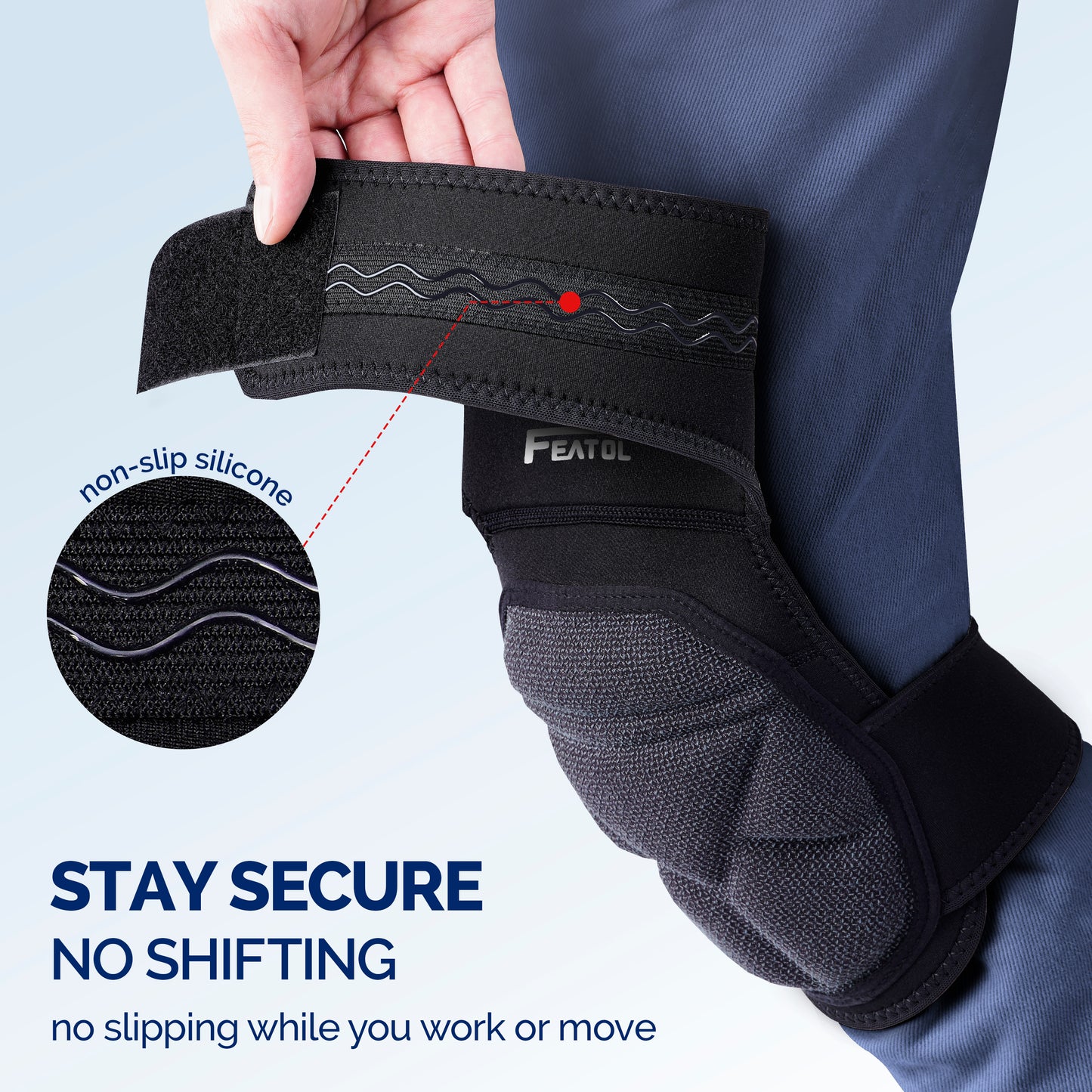 Close-up of FEATOL knee pad non-slip silicone inner strap lining shown being adjusted on leg, preventing slipping and shifting during work or movement