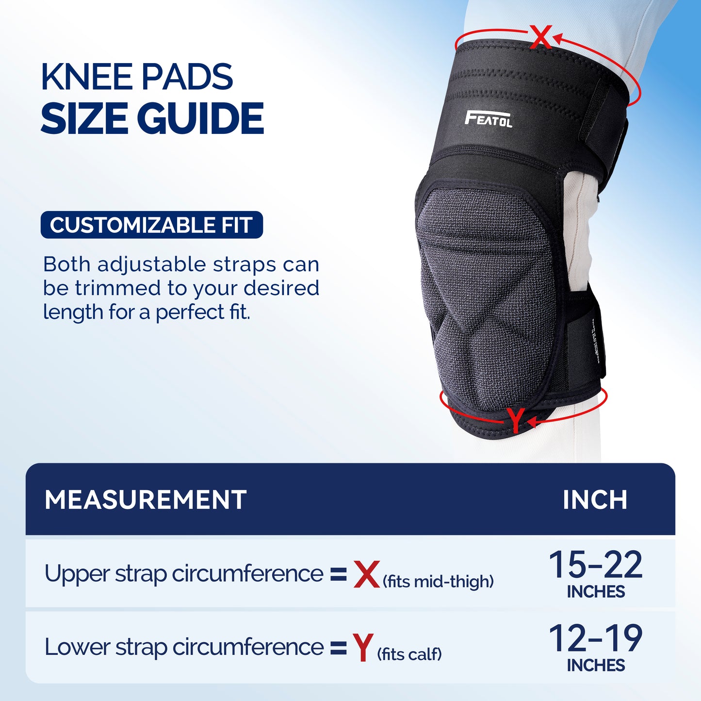 FEATOL knee pads size guide showing upper strap circumference X fits mid-thigh at 15–22 inches and lower strap circumference Y fits calf at 12–19 inches, with trimmable adjustable straps for customizable fit