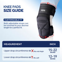 FEATOL knee pads size guide showing upper strap circumference X fits mid-thigh at 15–22 inches and lower strap circumference Y fits calf at 12–19 inches, with trimmable adjustable straps for customizable fit