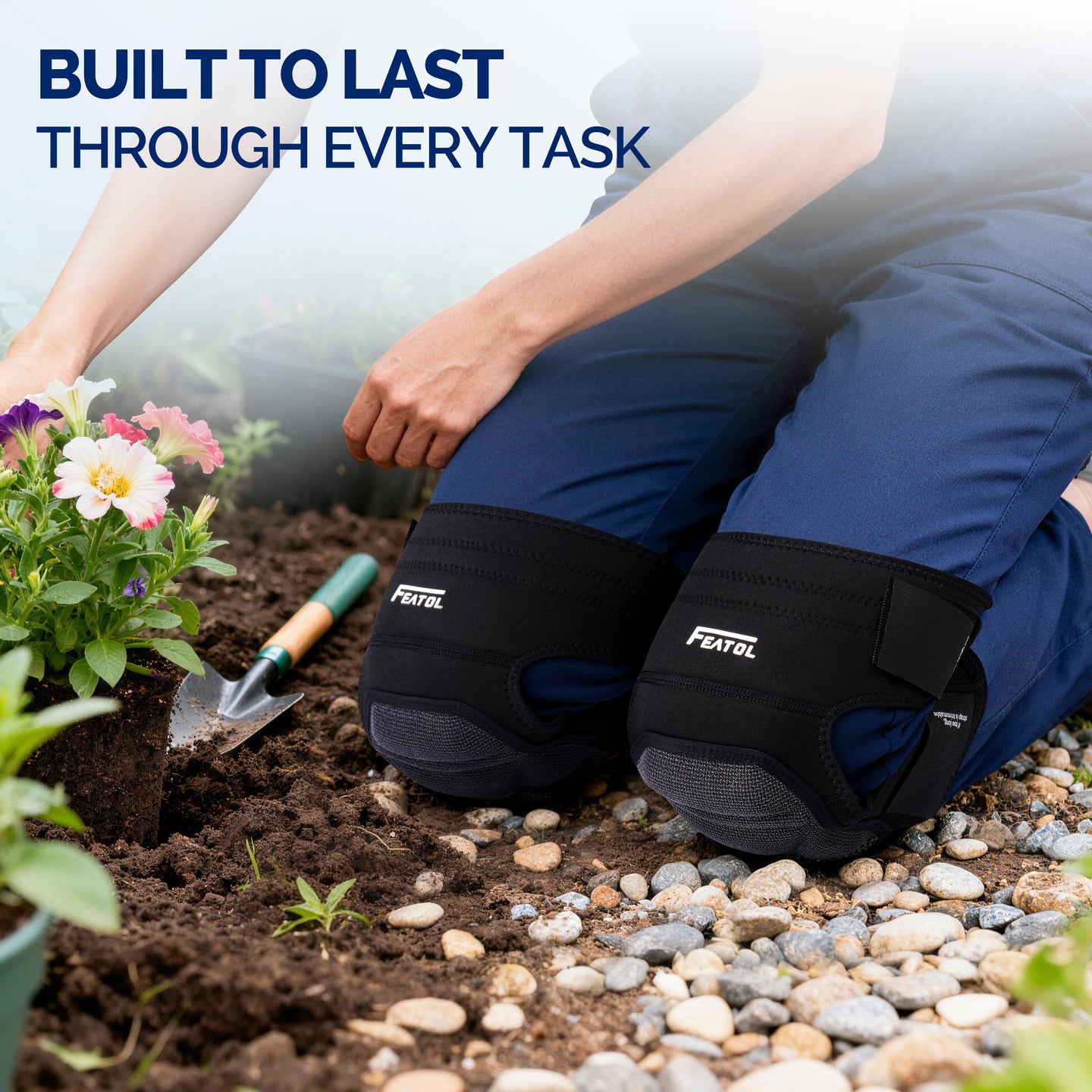 Person kneeling on rocky garden soil while planting flowers, wearing FEATOL knee pads designed for heavy-duty outdoor use including gardening, landscaping, and construction