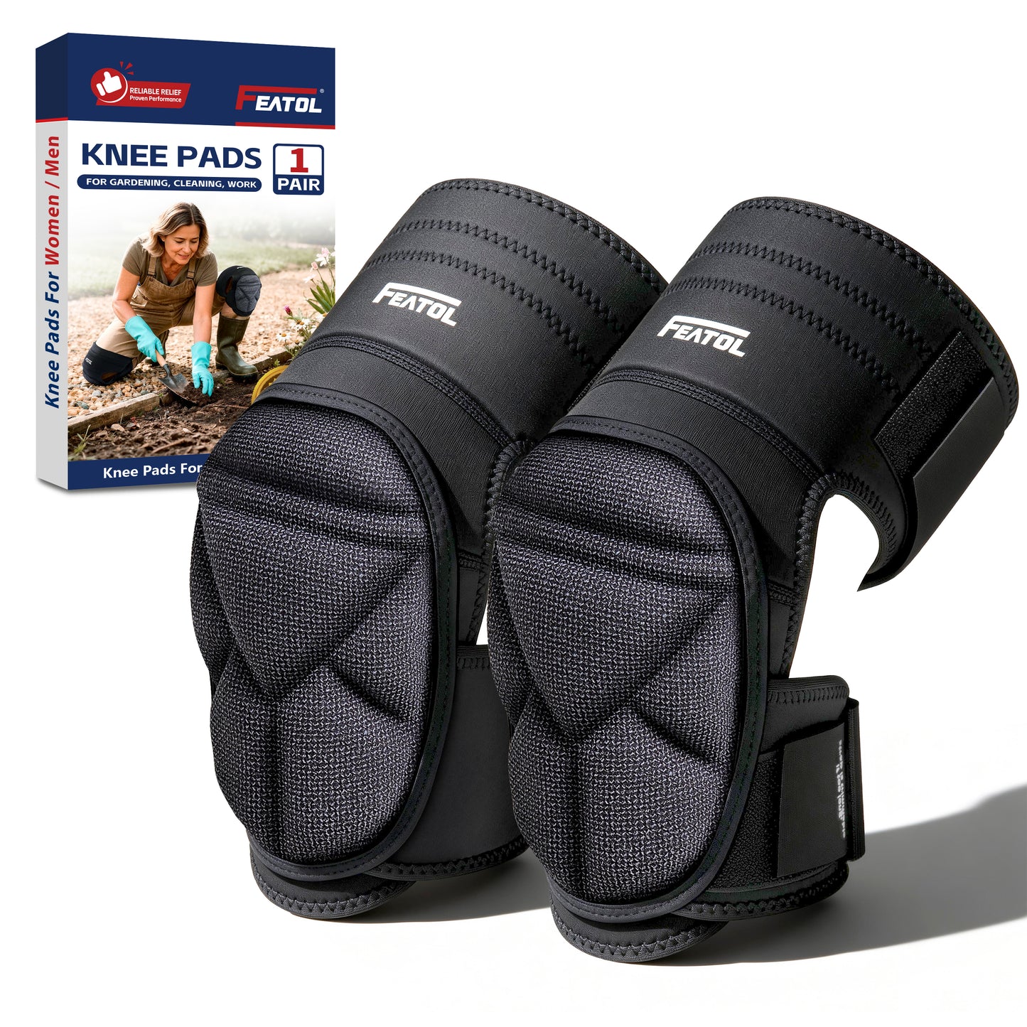 FEATOL knee pads 1-pair shown with product packaging box, featuring high-density foam cushion cap and adjustable neoprene straps, designed for women and men for gardening, cleaning, and work use