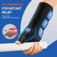 FEATOL thumb brace worn while gripping a rod, providing instant relief for trigger finger and De Quervain's tenosynovitis, with inset showing inflamed thumb joint anatomy