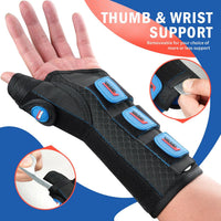 FEATOL thumb and wrist support brace with removable aluminum splint shown being inserted and removed, offering adjustable support levels for pain relief and injury recovery