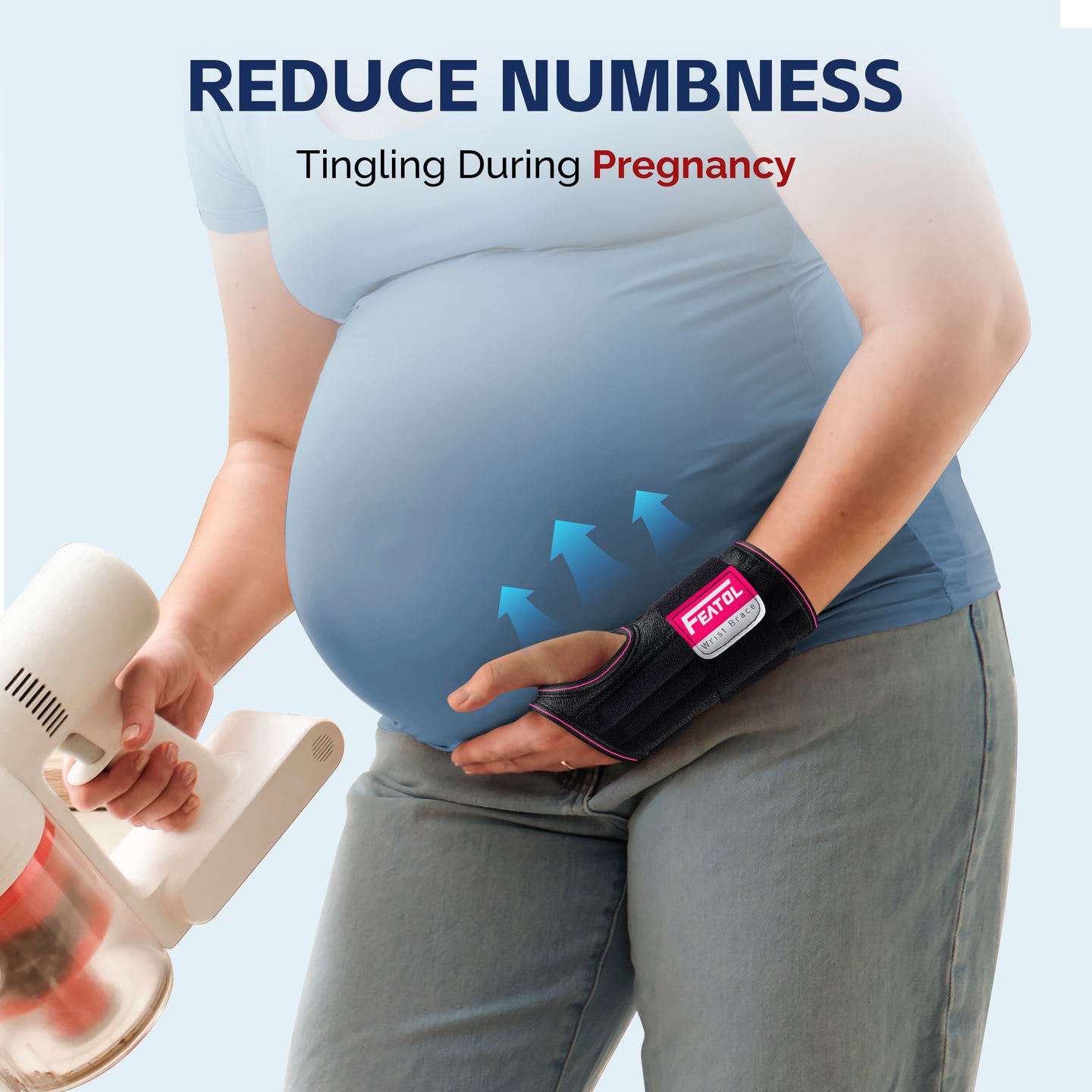 Pregnant woman wearing FEATOL wrist brace while doing household tasks, reducing wrist numbness and tingling during pregnancy