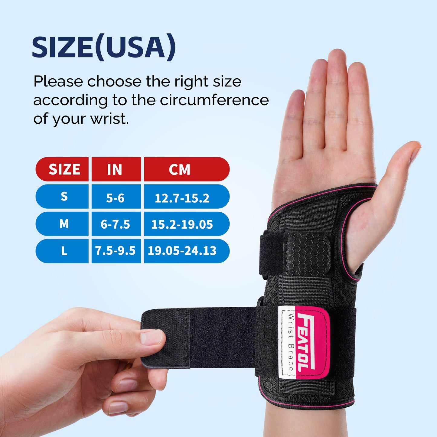 FEATOL wrist brace size chart showing S, M, L options measured by wrist circumference in inches and centimeters, with adjustable strap demonstration