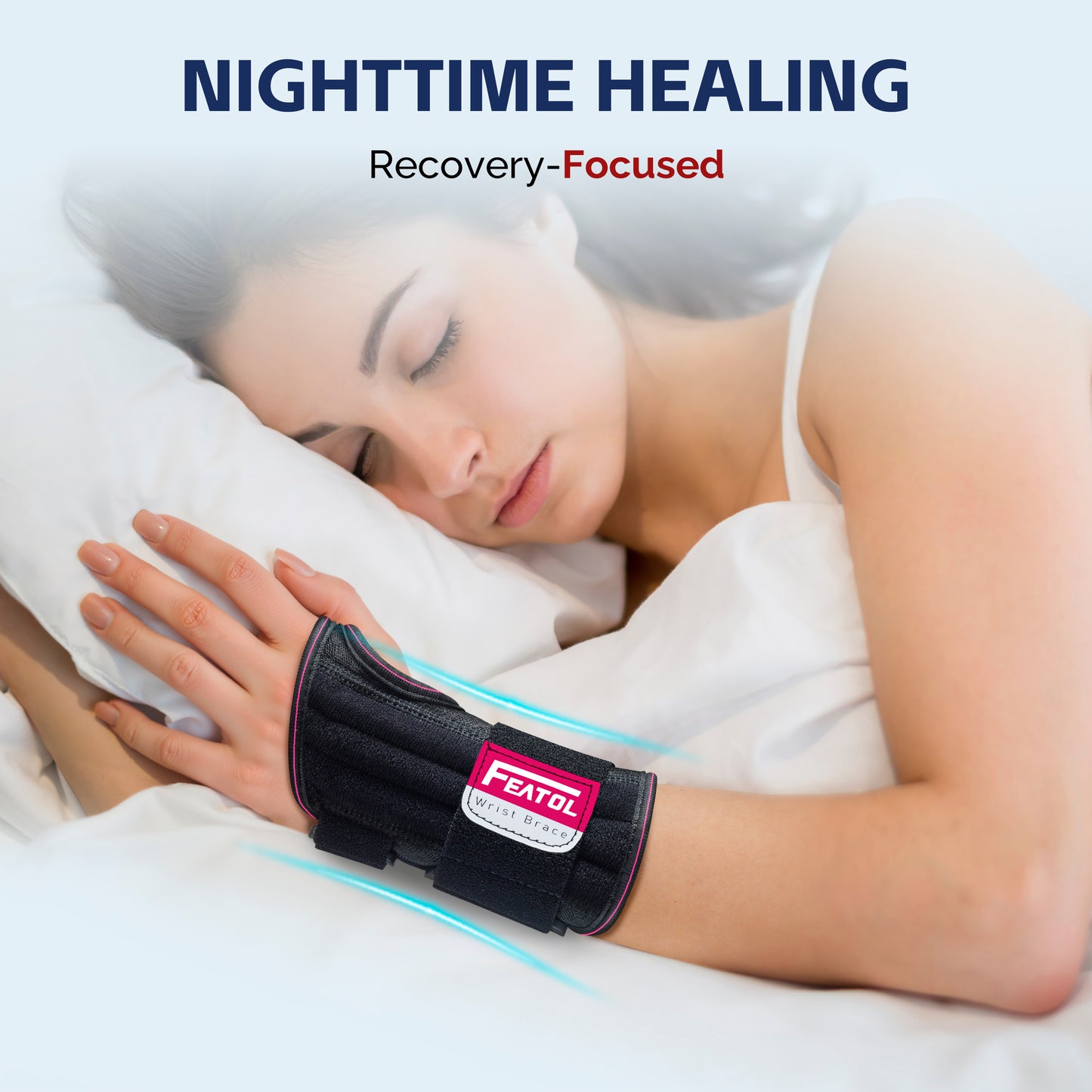 Woman sleeping while wearing FEATOL wrist brace, designed for nighttime healing and wrist recovery support