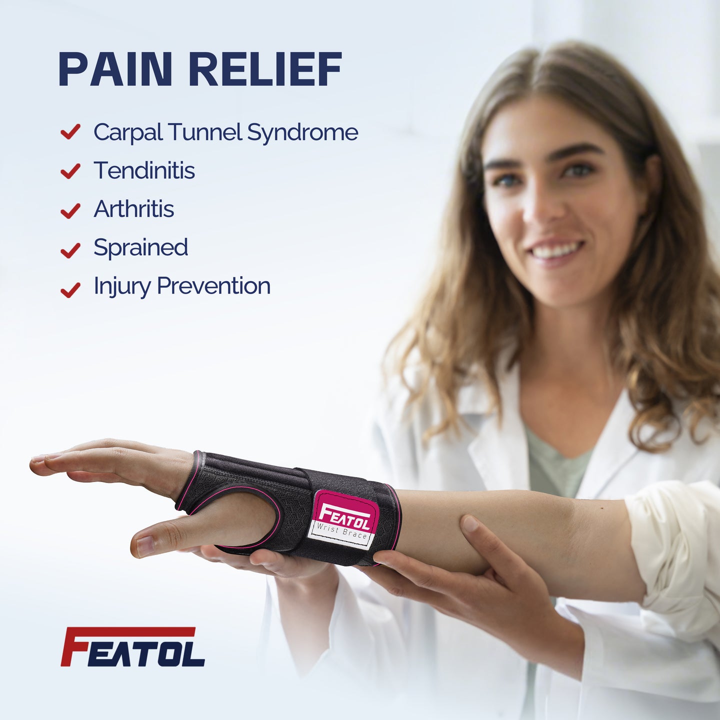 Professional demonstrating FEATOL wrist brace for pain relief from carpal tunnel syndrome, tendinitis, arthritis, sprains, and injury prevention