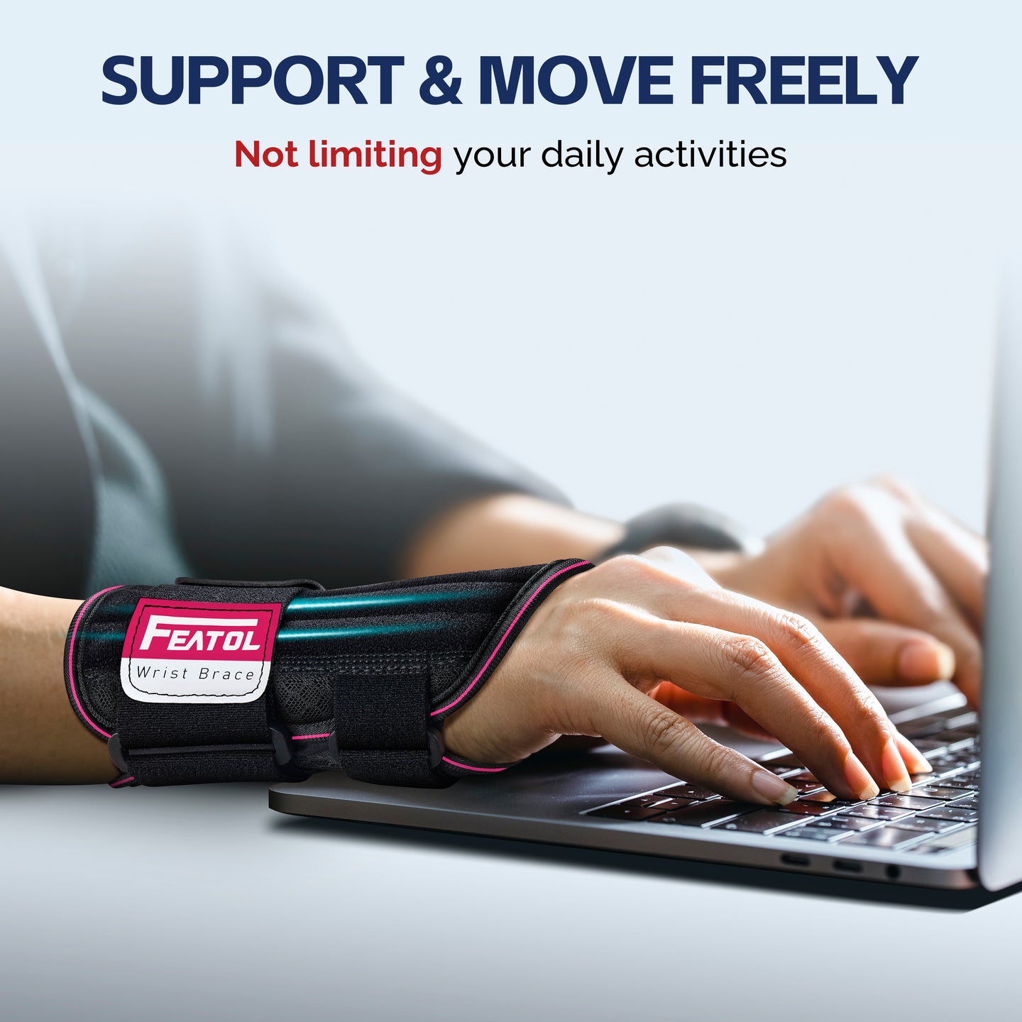 Person typing on laptop while wearing FEATOL wrist brace, providing wrist support without limiting daily activities or hand movement