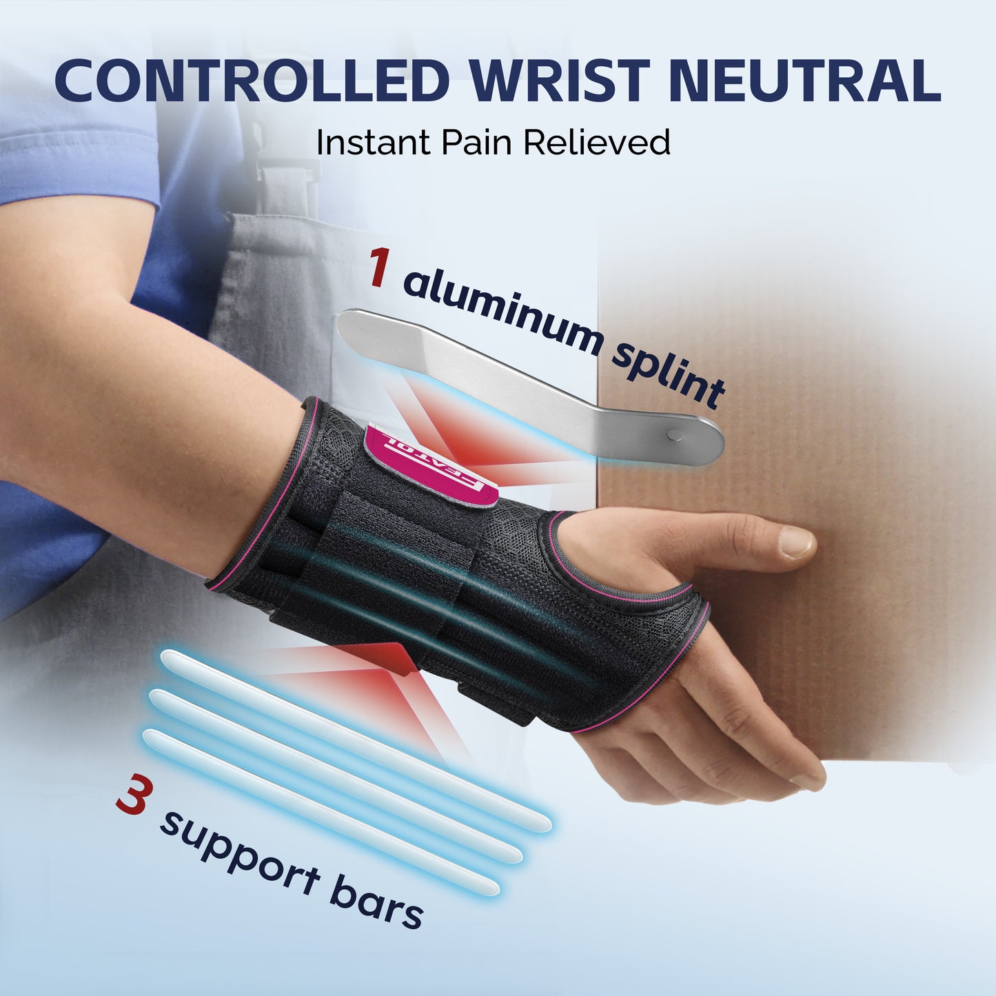 FEATOL wrist brace featuring 1 aluminum splint and 3 support bars for controlled wrist neutral position and instant pain relief