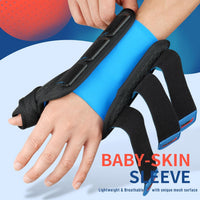 FEATOL wrist and thumb brace featuring a removable baby-skin soft sleeve with lightweight breathable mesh surface, shown being put on over the hand