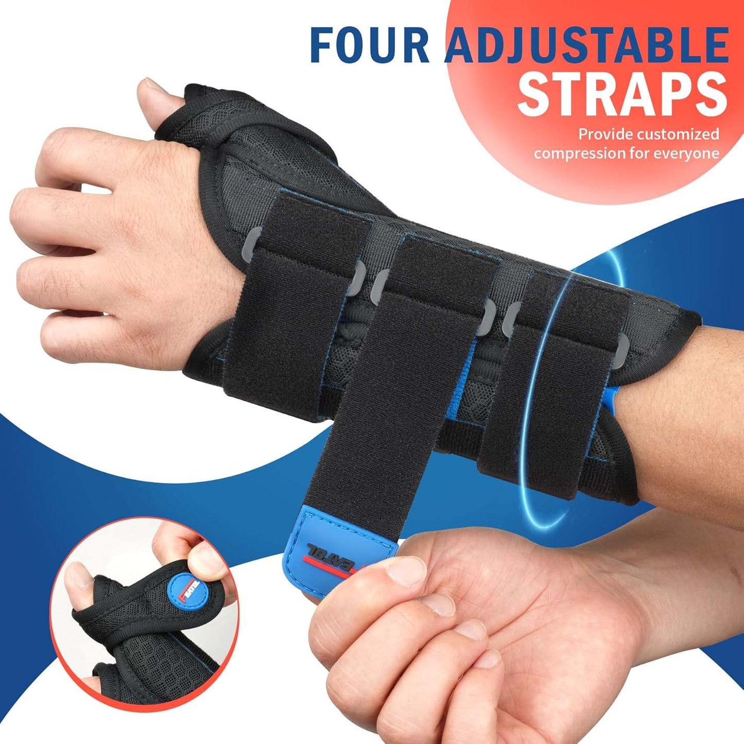 FEATOL wrist and thumb brace with four adjustable straps providing customized compression, shown worn on both left and right hands with close-up of secure fastening system