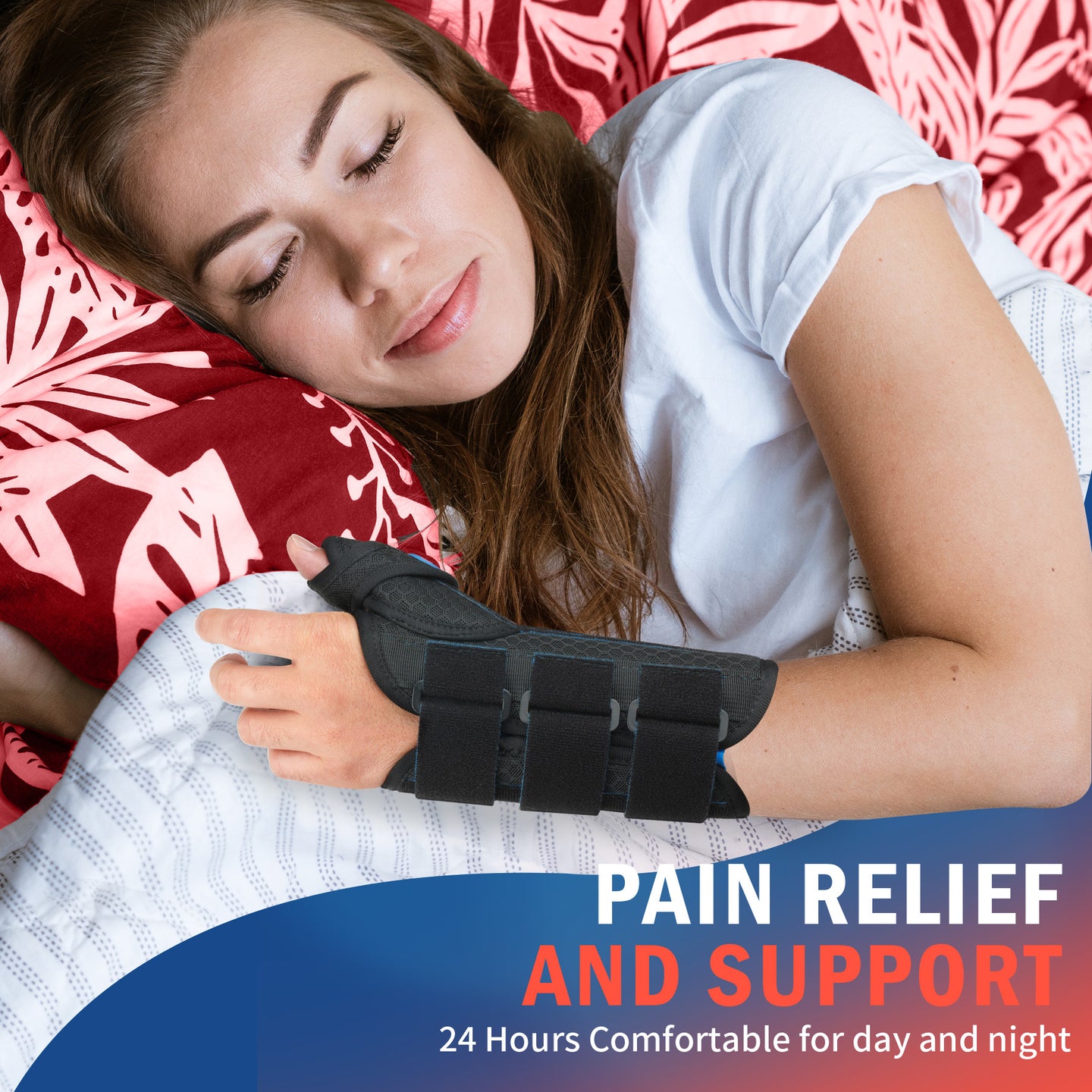 Woman sleeping comfortably while wearing FEATOL wrist and thumb brace, providing 24-hour pain relief and support for day and night use