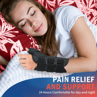 Woman sleeping comfortably while wearing FEATOL wrist and thumb brace, providing 24-hour pain relief and support for day and night use