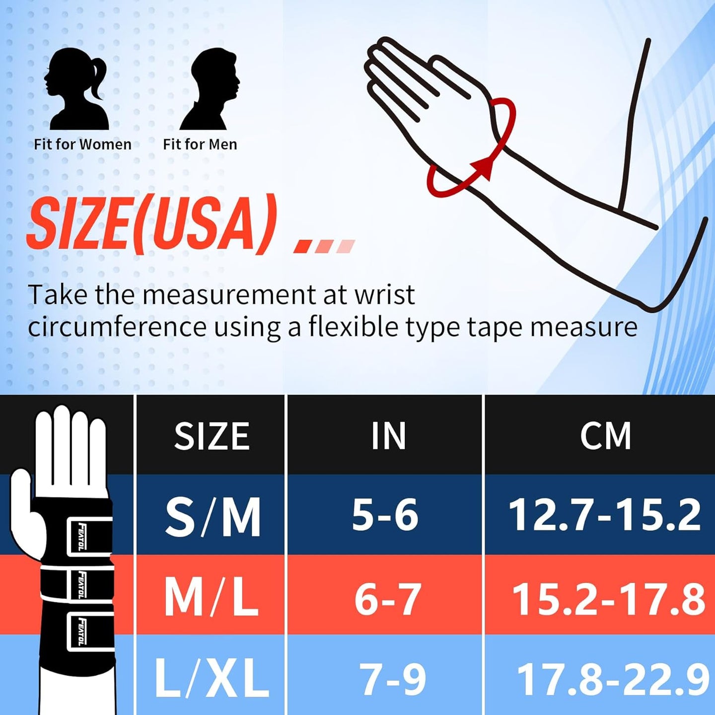 FEATOL wrist and thumb brace size chart for men and women, showing S/M (5–6 in / 12.7–15.2 cm), M/L (6–7 in / 15.2–17.8 cm), and L/XL (7–9 in / 17.8–22.9 cm), measured at wrist circumference