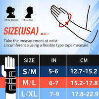 FEATOL wrist and thumb brace size chart for men and women, showing S/M (5–6 in / 12.7–15.2 cm), M/L (6–7 in / 15.2–17.8 cm), and L/XL (7–9 in / 17.8–22.9 cm), measured at wrist circumference