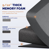 Cross-section of gray FEATOL 9/10 inch thick anti-fatigue standing mat showing three layers: durable waterproof PU leather surface, thick high-density memory foam inner cushion, and long-lasting slip-resistant bottom, better cushioning than 3/4 inch padded floor mat