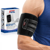FEATOL black adjustable bicep tendonitis brace worn on the upper arm with retail box.