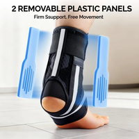 Ankle wearing black FEATOL ankle brace with two blue removable plastic stabilizer panels on each side, demonstrating firm lateral support and freedom of movement