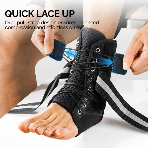 Hands pulling dual blue straps on black FEATOL lace-up ankle brace with arrows showing outward pull direction for balanced compression and easy on/off