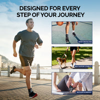 Man jogging outdoors wearing FEATOL ankle brace, with three use case panels showing sport protection during basketball, daily support stability while walking a dog, and recovery & rebuild with physical therapist