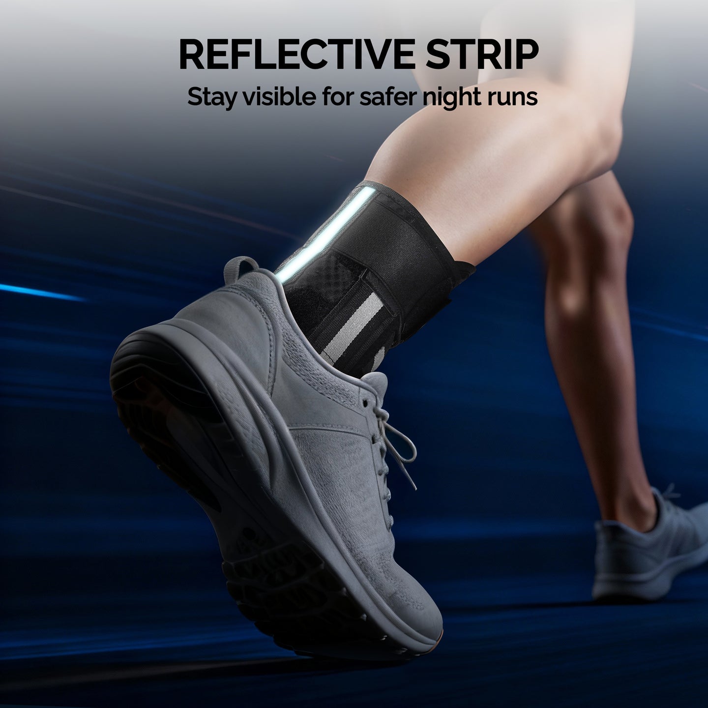 Close-up of runner's ankle wearing black FEATOL ankle brace with silver reflective strip on running shoe, dynamic motion background