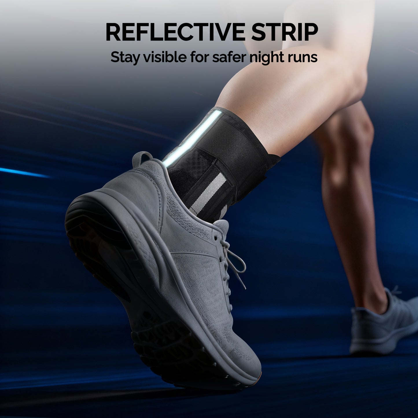 Close-up of runner's ankle wearing black FEATOL ankle brace with silver reflective strip on running shoe, dynamic motion background
