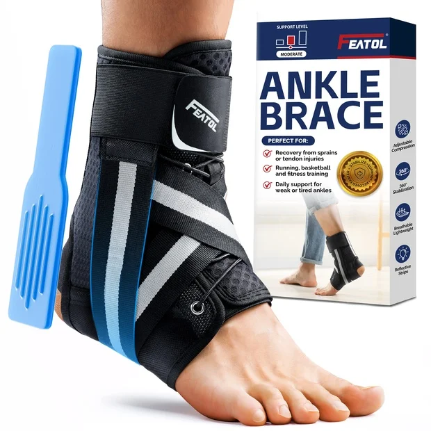 FEATOL ankle brace worn on foot next to product packaging box, with blue removable plastic panel, showing features: adjustable compression, 360° stabilization, breathable lightweight, reflective strips