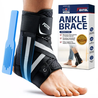 FEATOL ankle brace worn on foot next to product packaging box, with blue removable plastic panel, showing features: adjustable compression, 360° stabilization, breathable lightweight, reflective strips