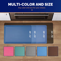 Overhead view of blue FEATOL anti-fatigue kitchen floor mat in front of oven showing four available sizes 20x32 20x39 20x59 24x70 inches with five color swatches pink teal gray blue and brown
